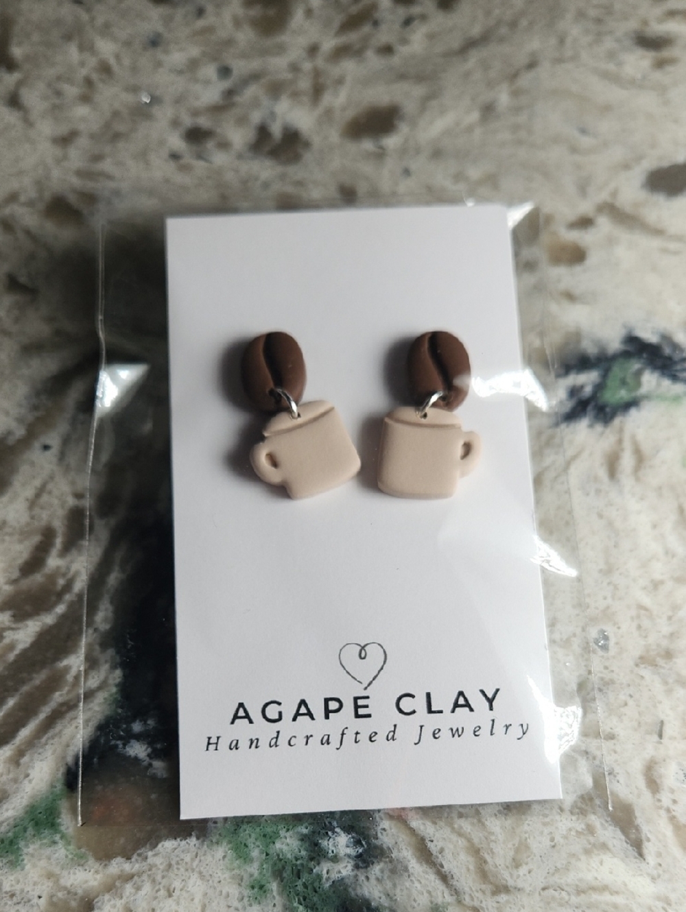Beige Coffee Cup Dangle Earrings with Brown Bean Studs
